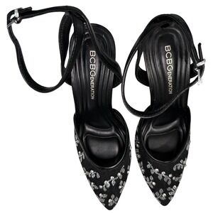 BCBGeneration Barlo Black Mesh Rhinestone‎ Floral Ankle Strap Pumps Heels 6M 36